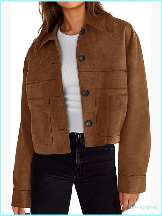 Jackets & Blazers - Cropped Faux Suede Jacket Lapel Collar Button Down Lightweight Shacket
